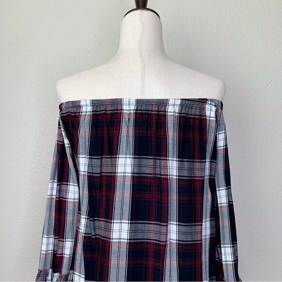 For the Republic Plaid Off Shoulder Bell Sleeves Peplum Top - Picture 8 of 11